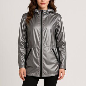 NWOT Nautica  Hooded Metallic Silver Gray Jacket Rain Coat